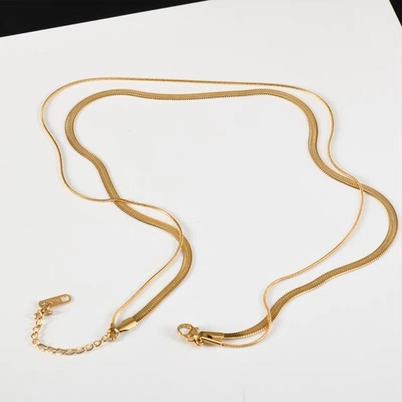 Double Herringbone Necklace, Two layered Necklaces, Gold Snake chain necklace - Picture 2 of 9
